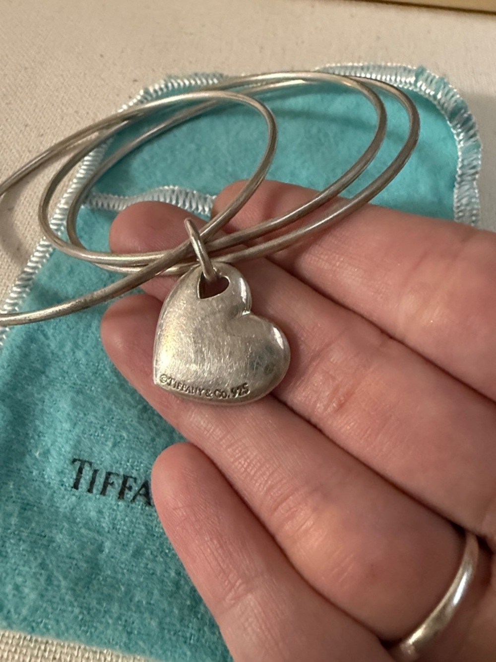 Tiffany & Co. Sterling Silver 925 Three Bangle Bracelet W/Heart Charm W/Pouch - Picture 4 of 16